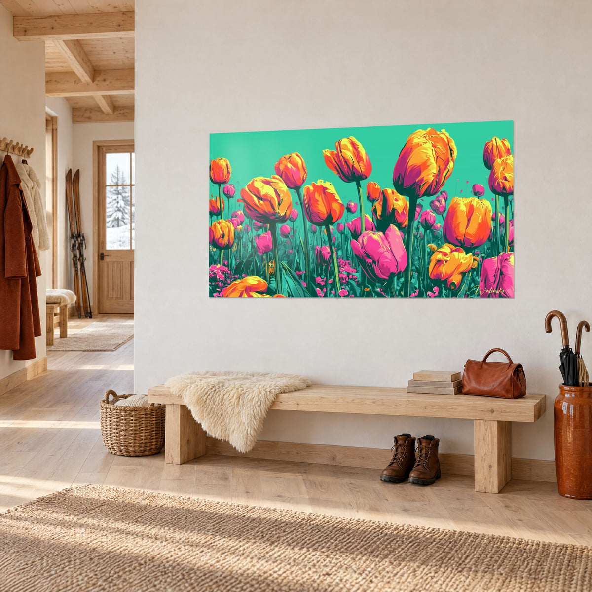 Tableau floraison de tulipes mandarine et fuchsia aux tiges vertes, ciel turquoise, accroché au-dessus d'un banc en bois de chalet
