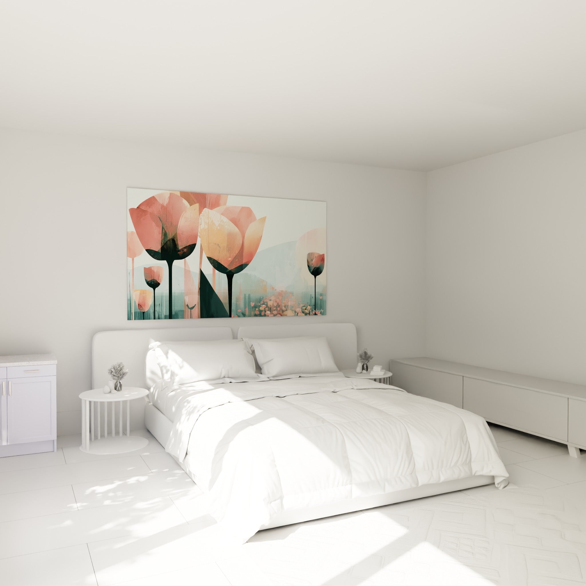 Corolles de tulipes corail et anthracite disposées au-dessus d'un lit dans une chambre claire