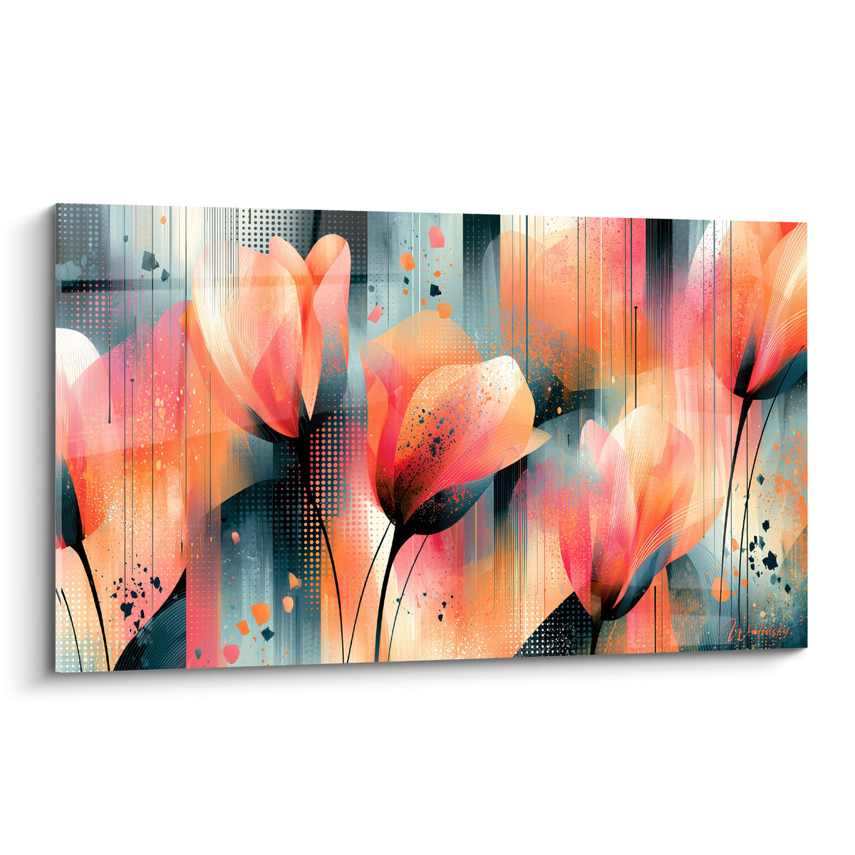 Tulipes corail et anthracite translucides éclaboussées d'orange sur fond graphique rayé