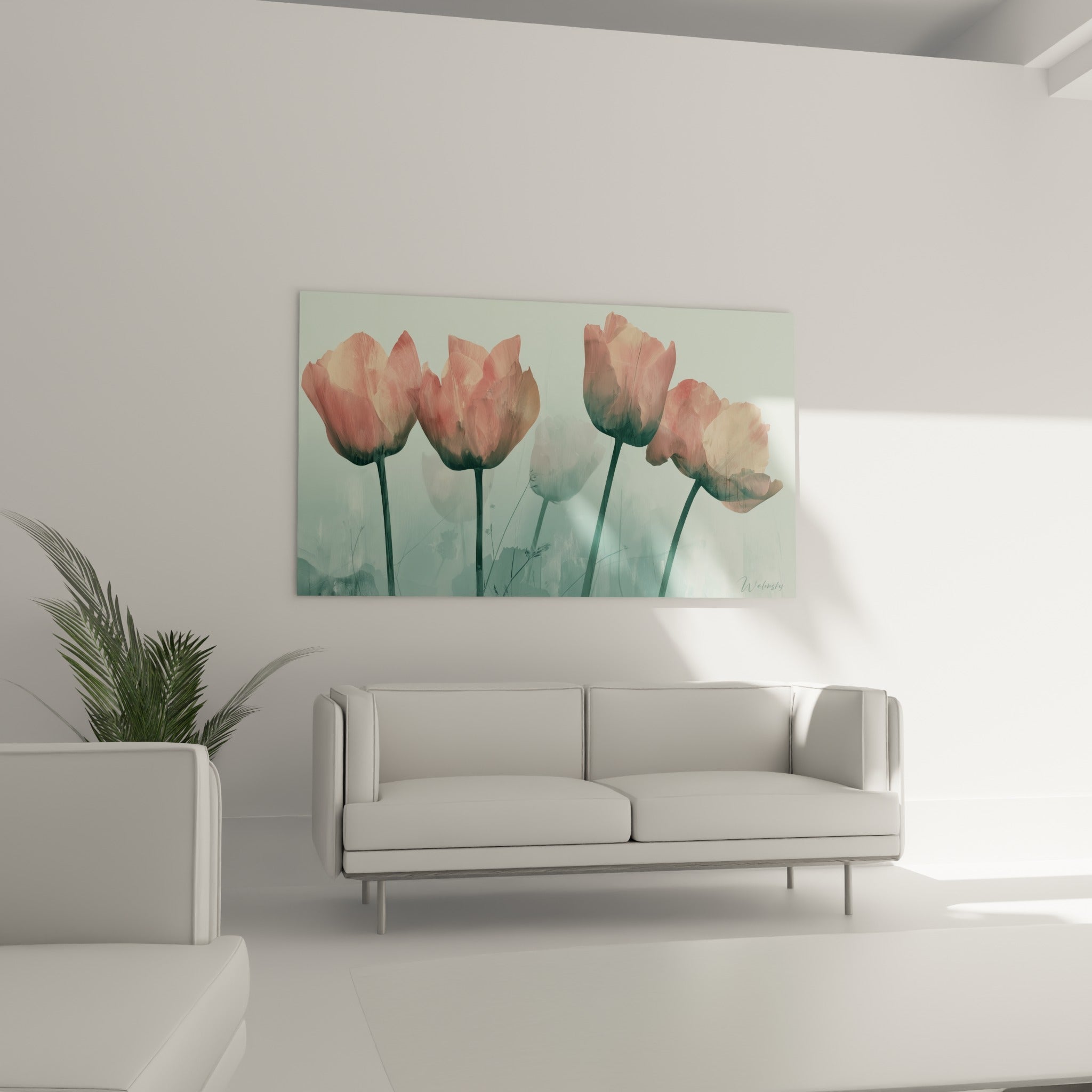 Fleurs de tulipes roses et vertes disposées au-dessus d'un canapé dans un salon lumineux et épuré