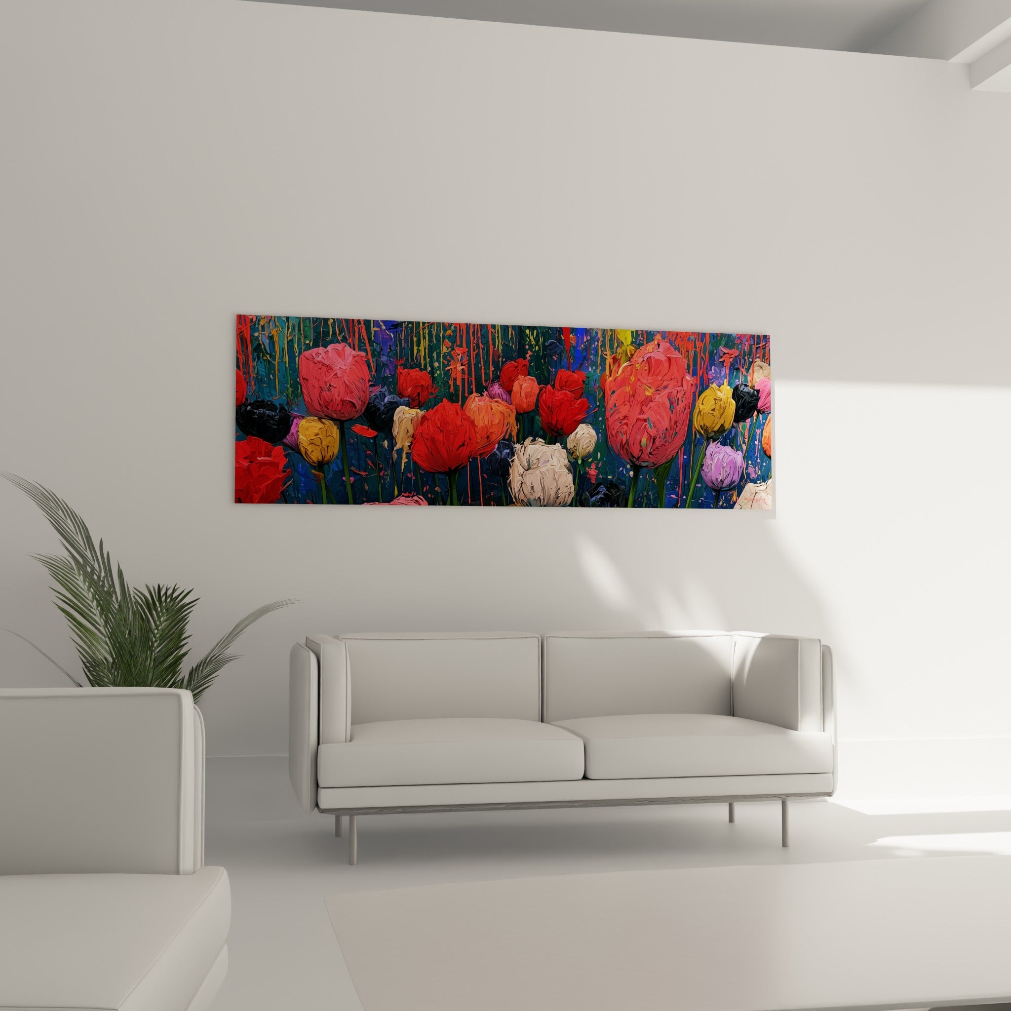 Bouquet de tulipes corail et roses sur toile bleu marine, accroché au-dessus d'un canapé dans un salon lumineux