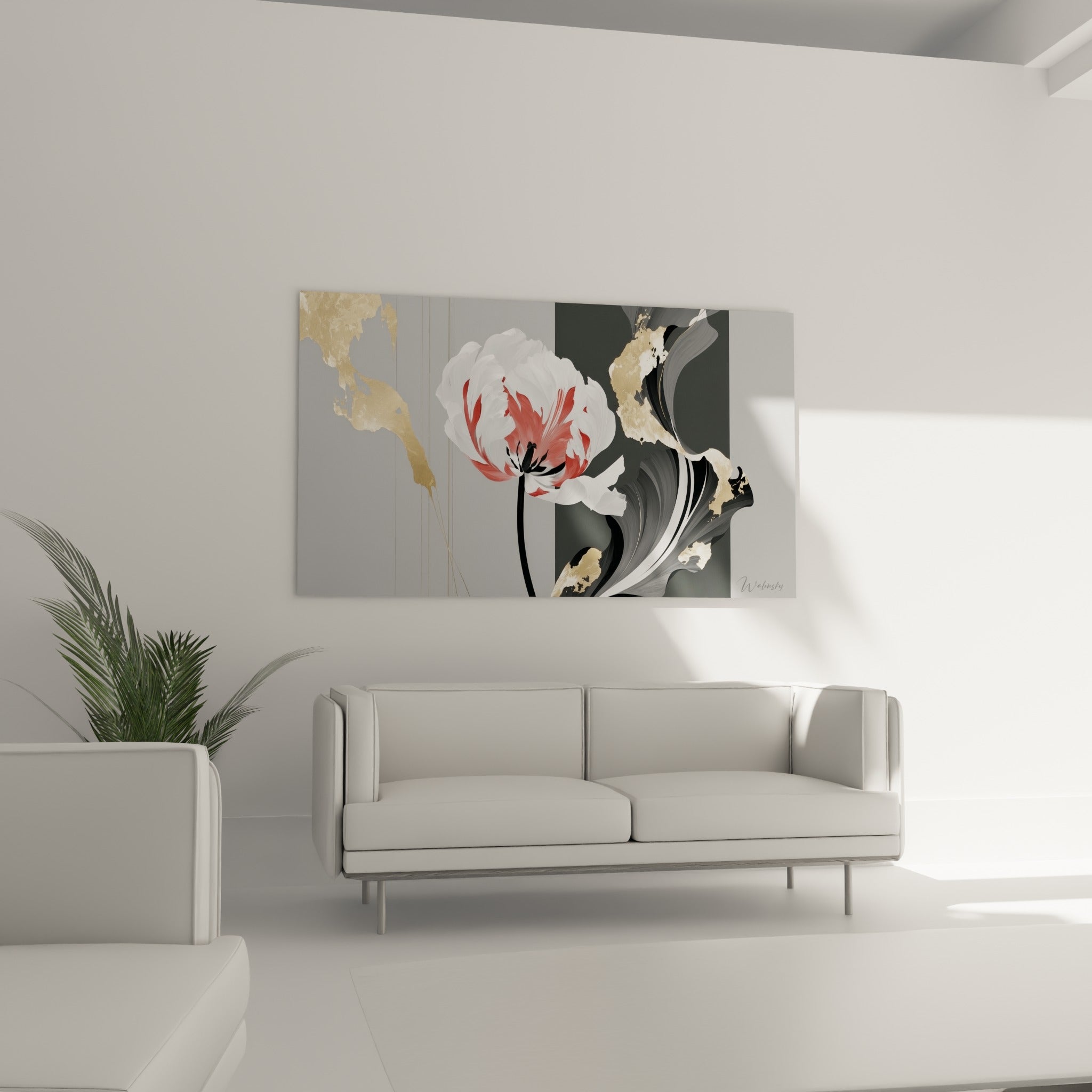 Pétales blancs et corail se mêlant à des volutes noires dorées, au-dessus d'un canapé dans un salon lumineux