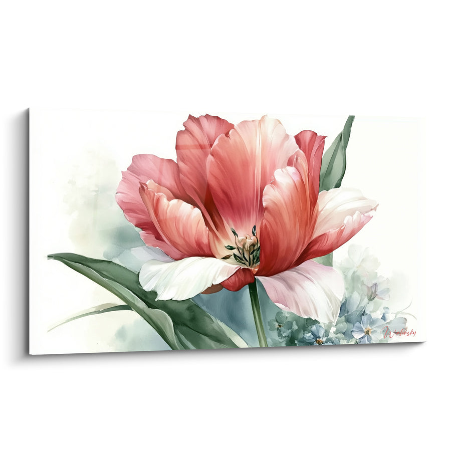 Tableau Tulipe corail et blanche aux petites fleurs bleues - Aquarelle délicate - Edition Tulipe