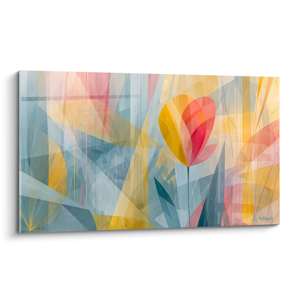 Tableau Tulipe jaune et rose aux facettes géométriques - Feuillage filigrané translucide - Edition Tulipe