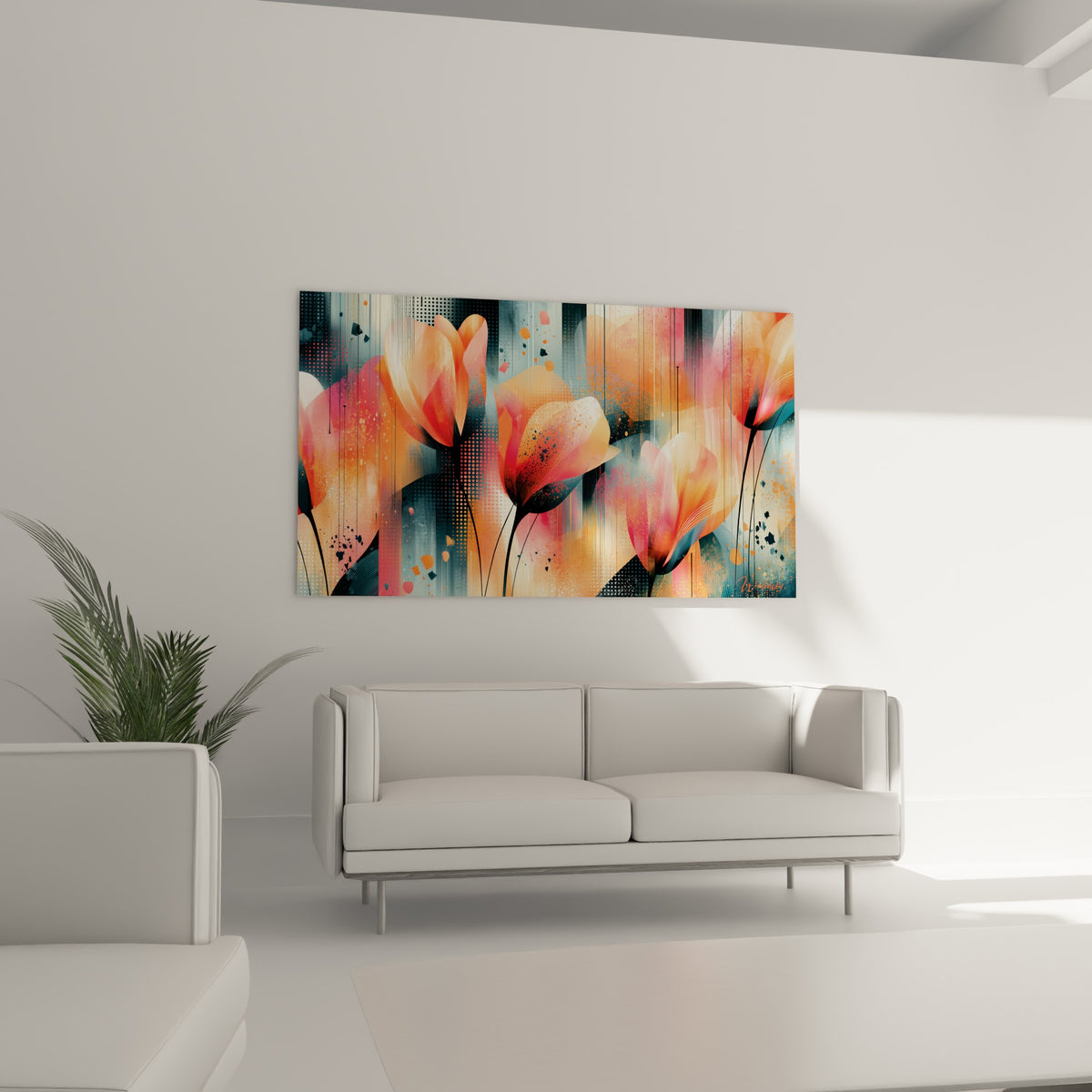 Fleurs de tulipe corail et bleu grisé disposées au-dessus d'un canapé dans un salon lumineux