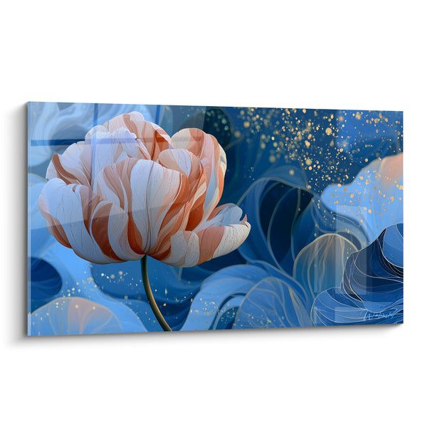 Tableau Tulipe corail et bleue aux éclaboussures dorées - Feuillage stylisé en volutes - Edition Tulipe
