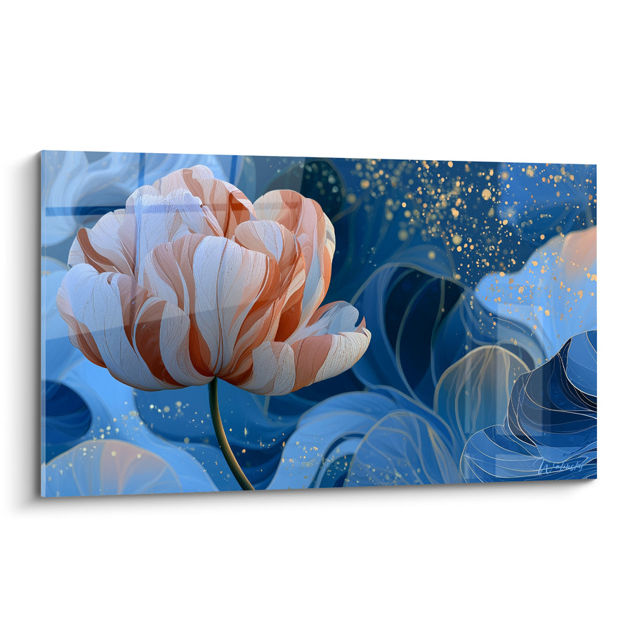 Tableau Tulipe corail et bleue aux éclaboussures dorées - Feuillage stylisé en volutes - Edition Tulipe