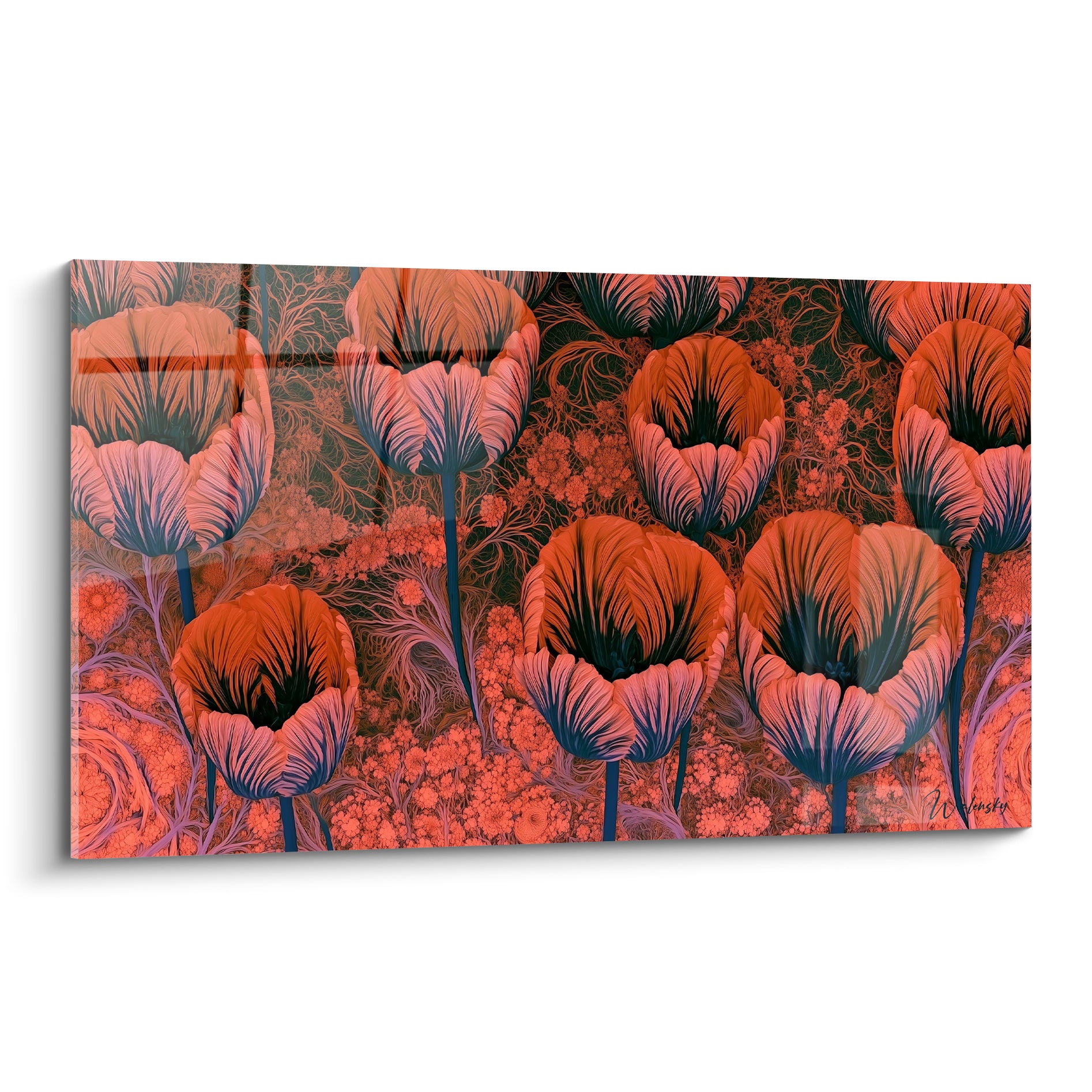 Tulipes corail et bleu marine illustrées en pleine floraison sur fond vert sombre détaillé