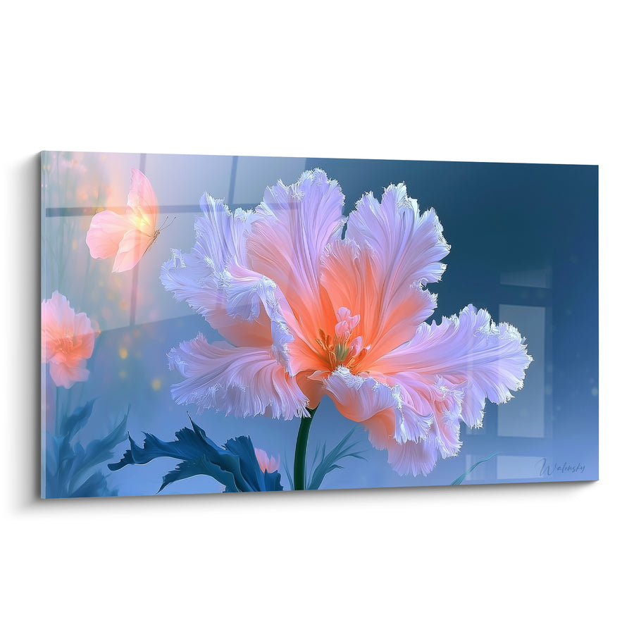 Tableau Tulipe frangée blanche et corail au papillon - Papillon lumineux en vol - Edition Tulipe