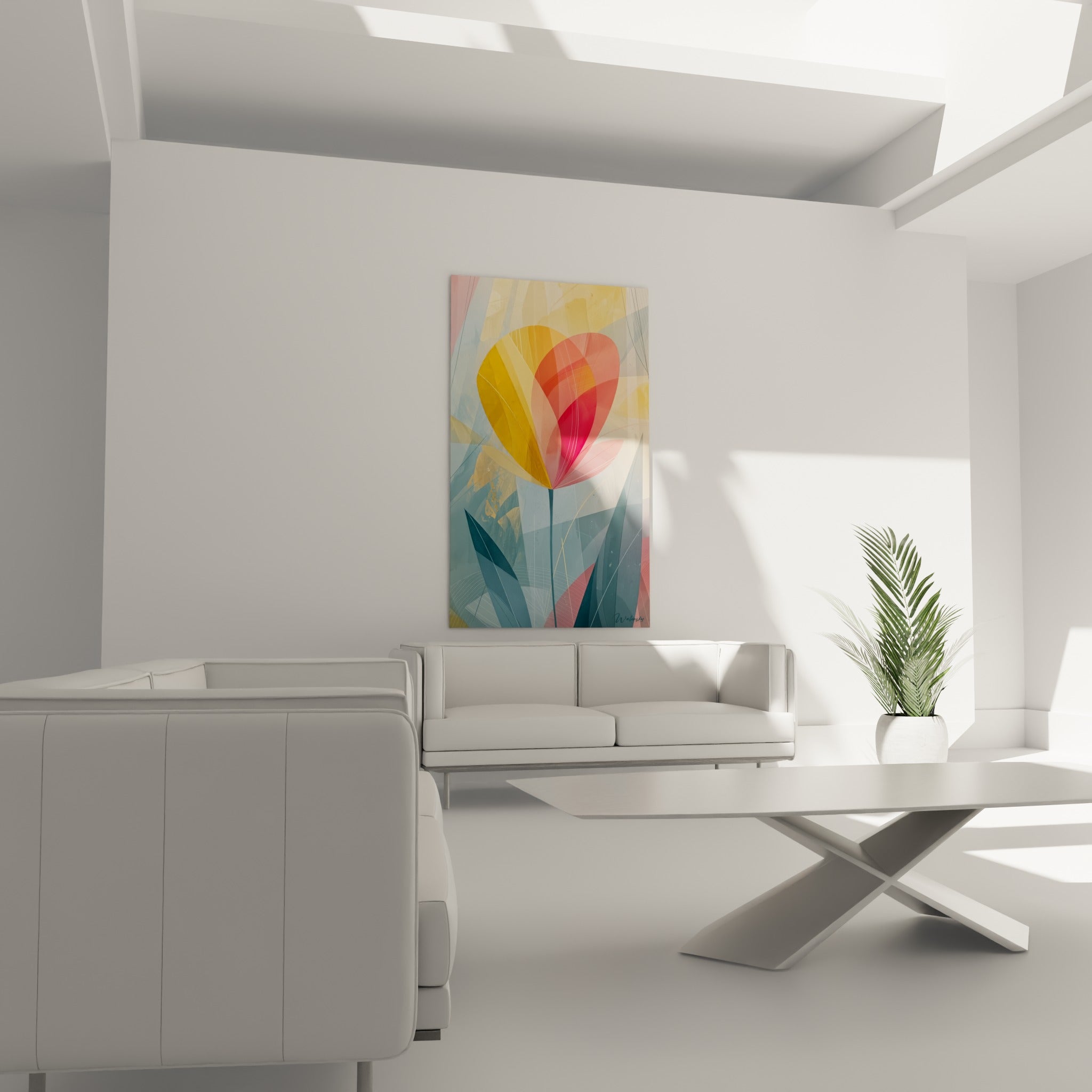 Fleur Tulipe aux teintes corail et jaune doré accrochée au-dessus d'un canapé dans un salon lumineux