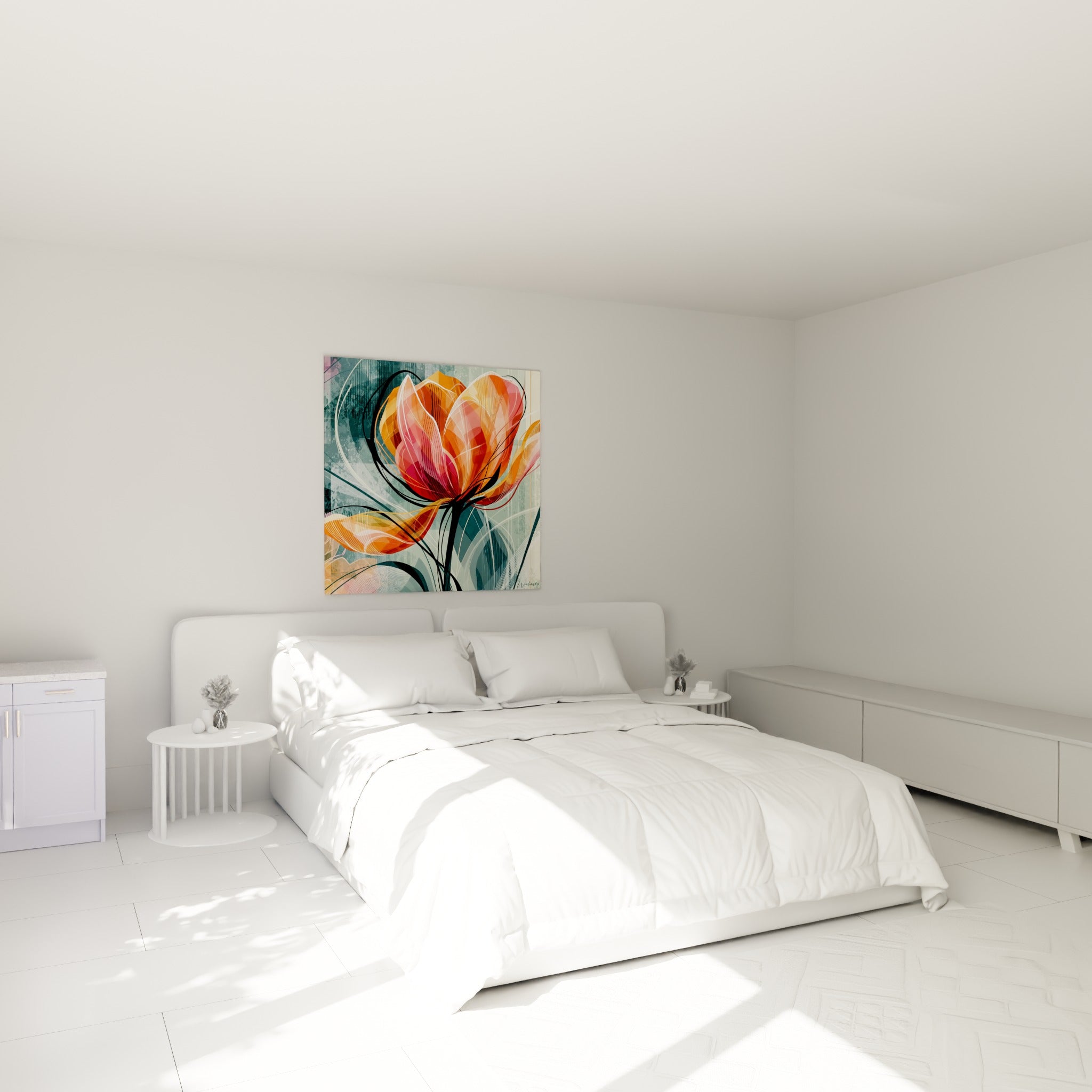 Pétales orange corail et rose fuchsia de la tulipe stylisée, au-dessus d'un lit dans une chambre claire