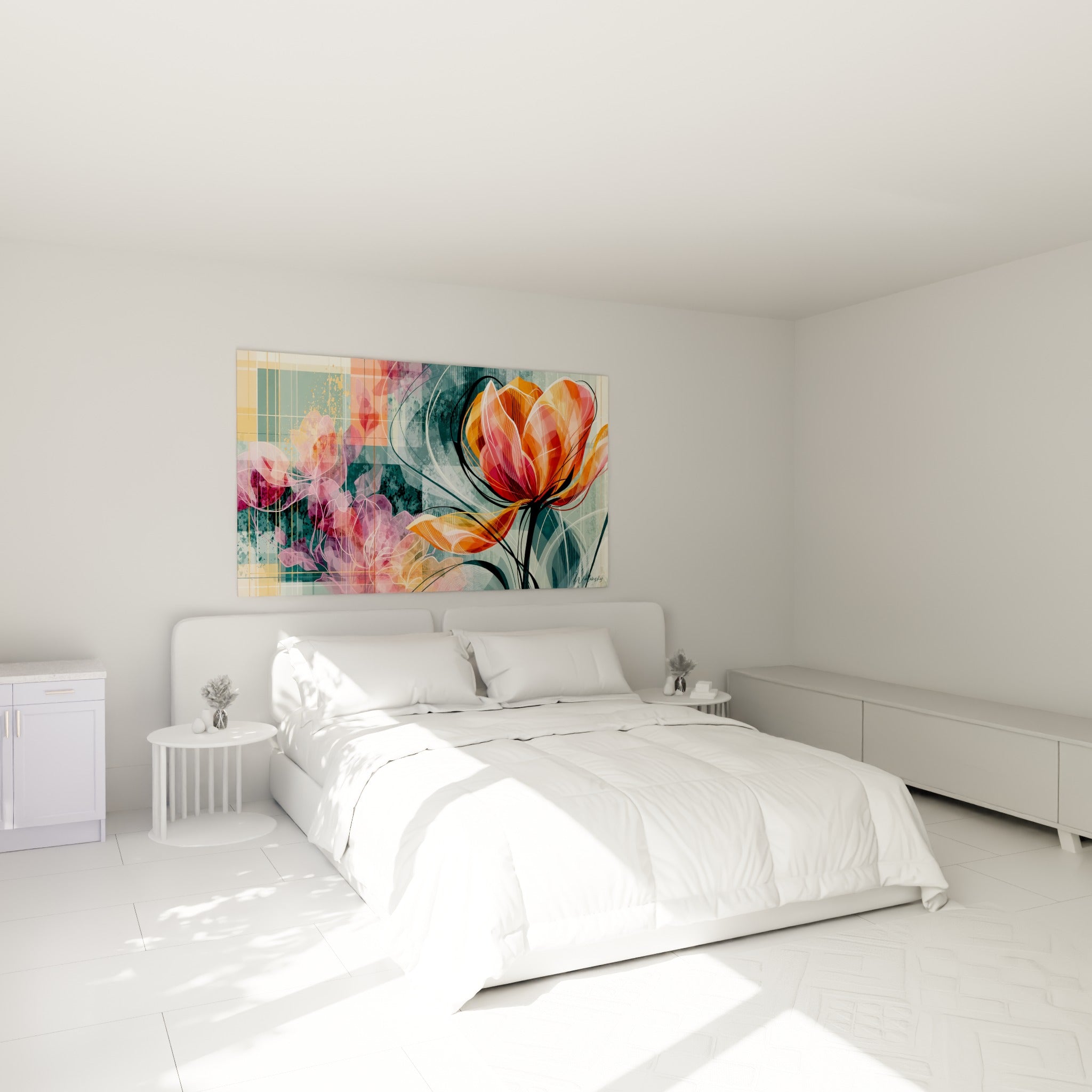 Pétales orange et corail de la tulipe déployés au-dessus d'un lit dans une chambre claire