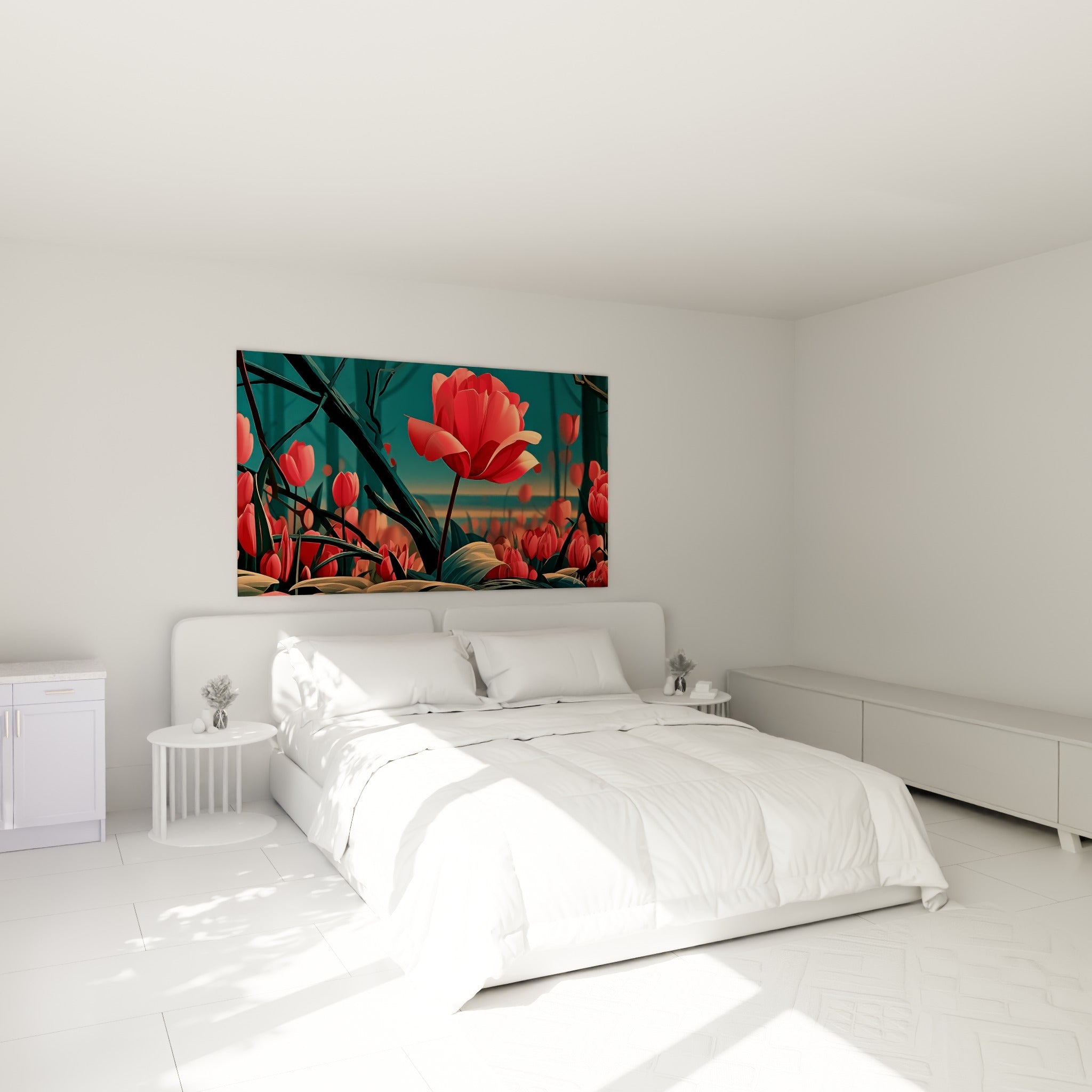 Pétales rouges et corail de la Tulipe déployés au-dessus d'un lit dans une chambre claire