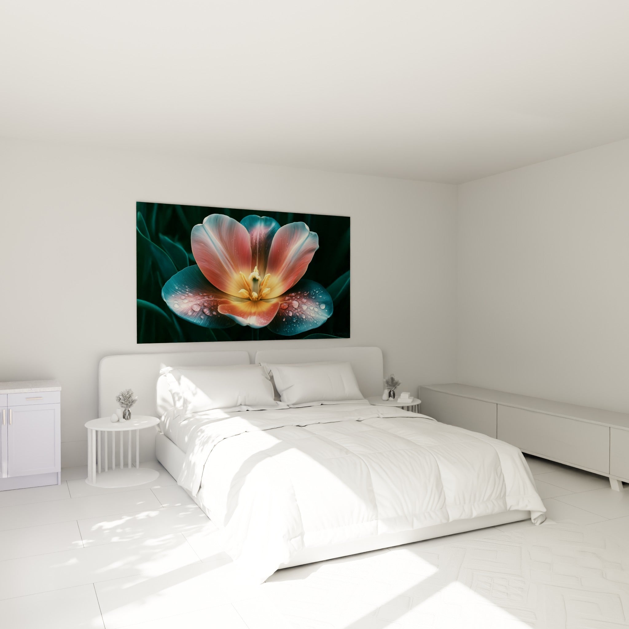 Pétales de tulipe bleu profond et rose corail illuminés au-dessus d'un lit dans une chambre claire