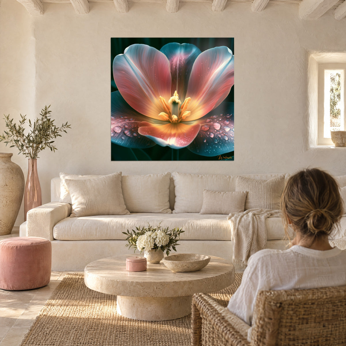 Wall art of a pink and blue tulip with dewdrops, yellow stamens, hung above a sofa in a bright living room
