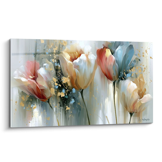 Tulipes corail et blanc cassé peintes avec éclats dorés sur fond gris strié de coulures
