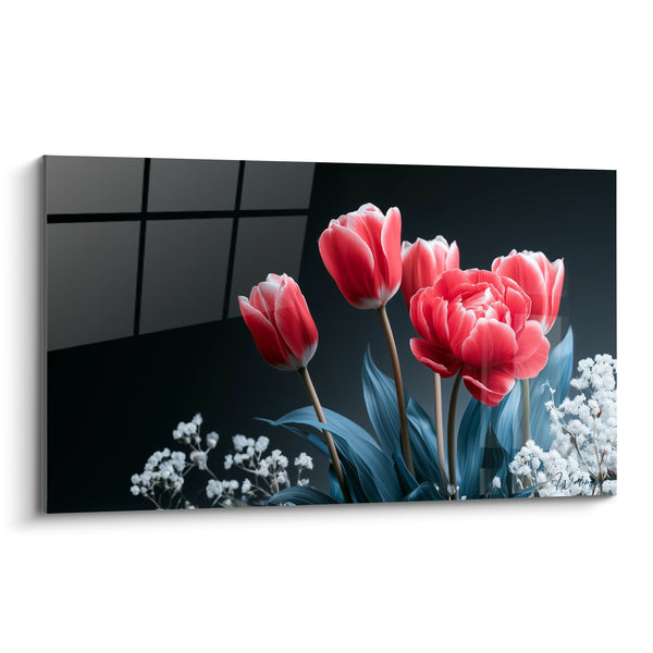 Tableau Tulipes corail et anthracite devant fenêtre sombre - Fleurs de gypsophile blanches - Edition Tulipe