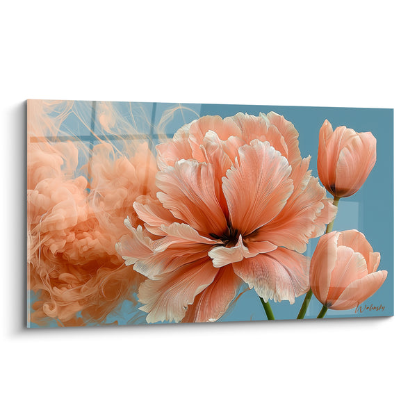 Tableau Tulipe épanouie pêche et bleue aux volutes vaporeuses - Fleur double aux pétales frisés - Edition Tulipe
