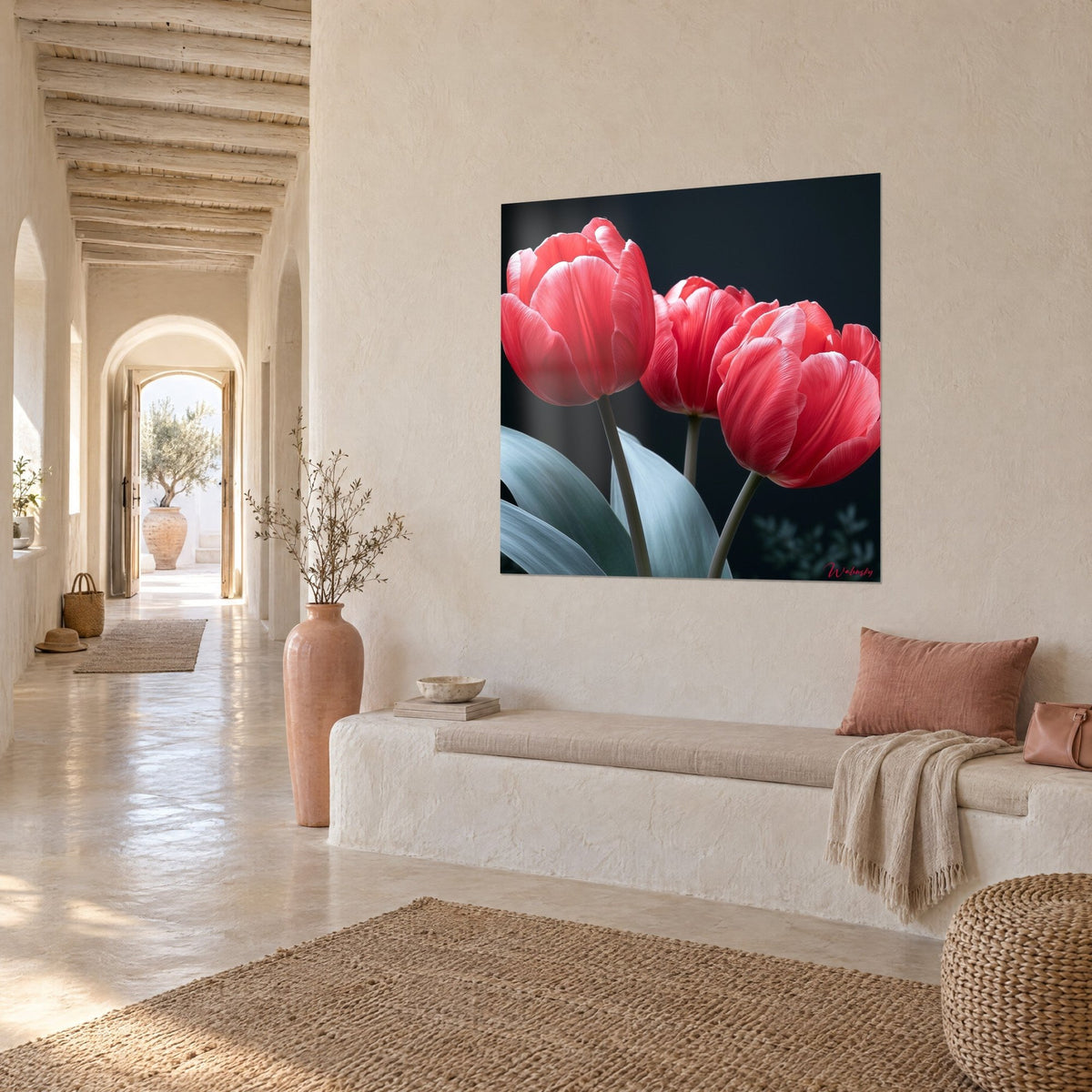Wall art bouquet of coral tulips with veined petals, olive stems on black background, whitewashed wall of a vaulted hallway