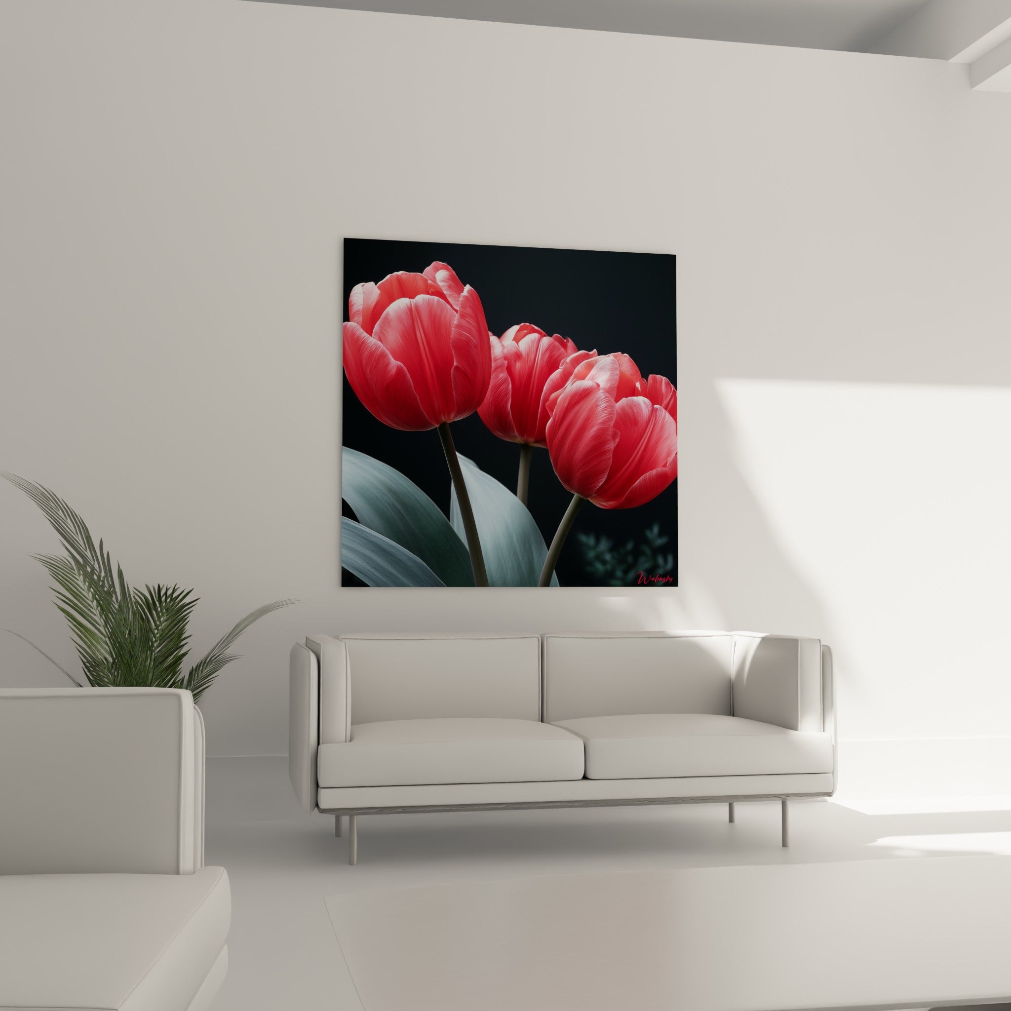 Tulipes anthracite et corail illuminent un mur au-dessus d'un canapé dans un salon lumineux