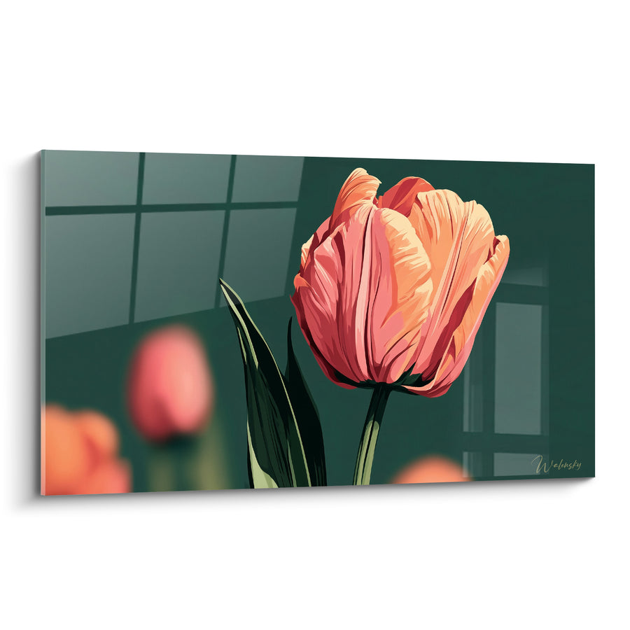 Tableau Tulipe corail et verte au vitrage quadrillé - Bourgeons flous en arrière-plan - Edition Tulipe