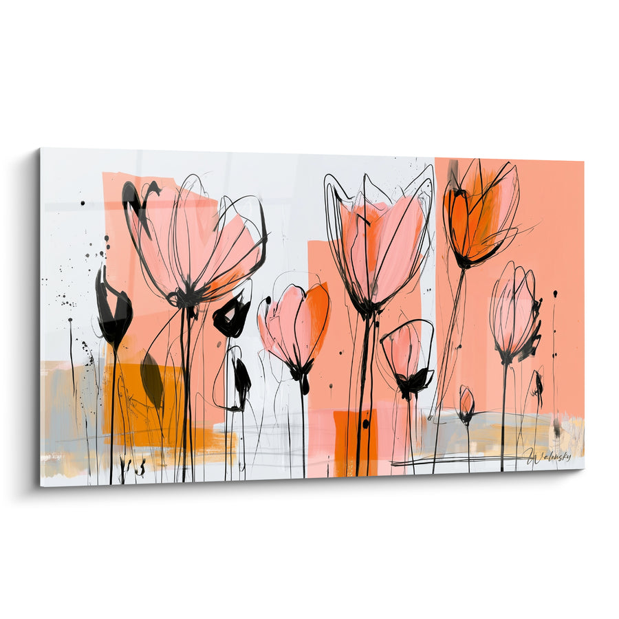 Tableau Tulipes esquissées corail et gris perle - Esquisse printanière - Edition Tulipe