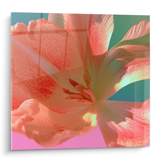 Tulipe corail moucheté de rouge, pétales déployés sur fond turquoise et rose pastel