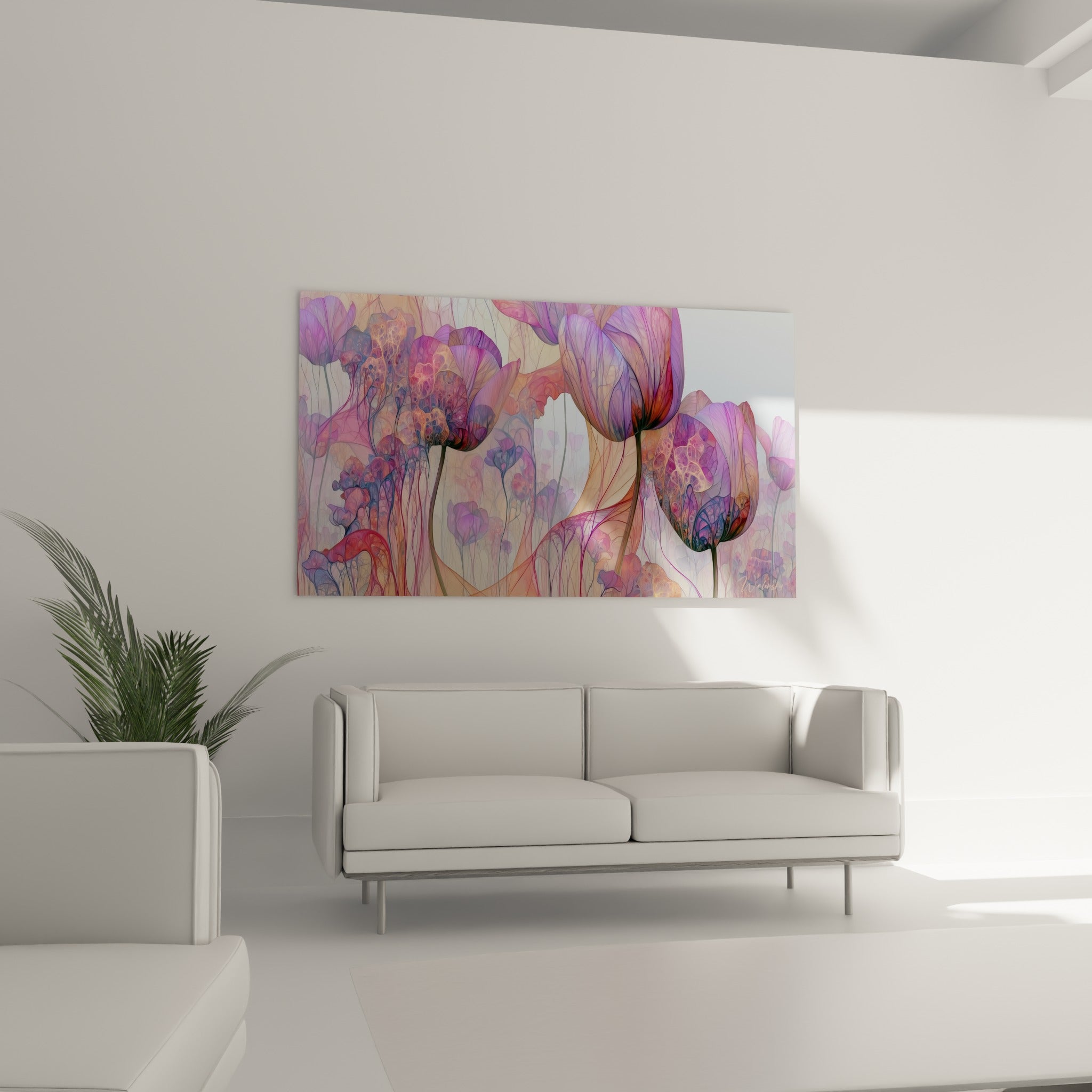 Fleurs de tulipe violettes et dorées translucides au-dessus d'un canapé dans un salon lumineux
