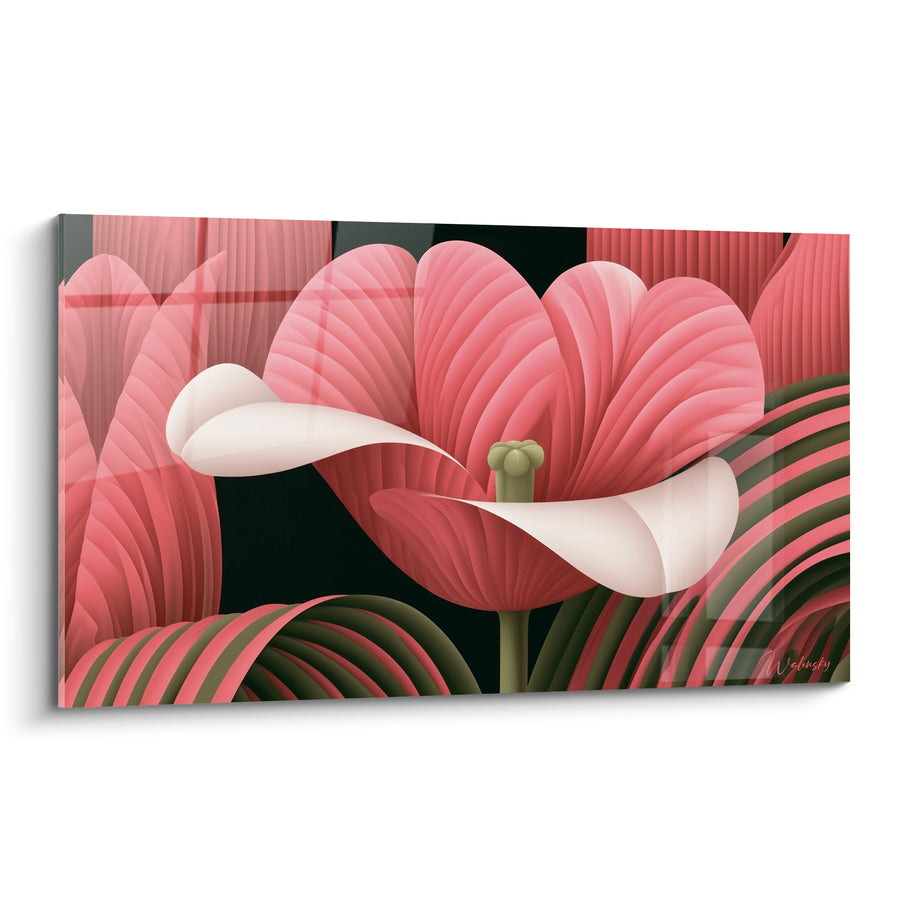 Tableau Tulipe rose et blanche aux pétales sculptés sur fond noir - Feuillage olive strié - Edition Tulipe