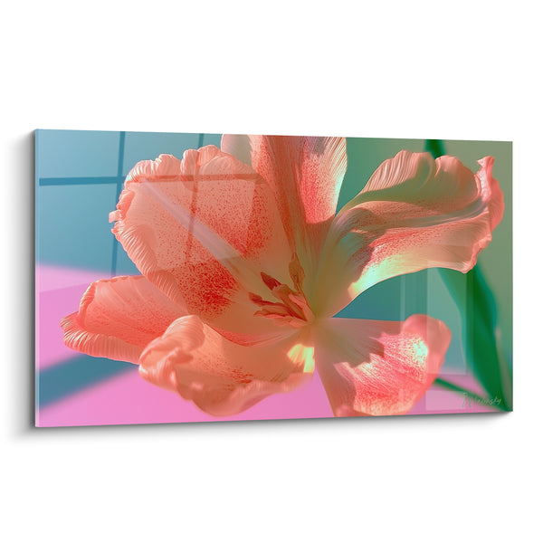 Tableau Tulipe corail et rose aux pétales mouchetés de rouge - Grille bleue en fond - Edition Tulipe