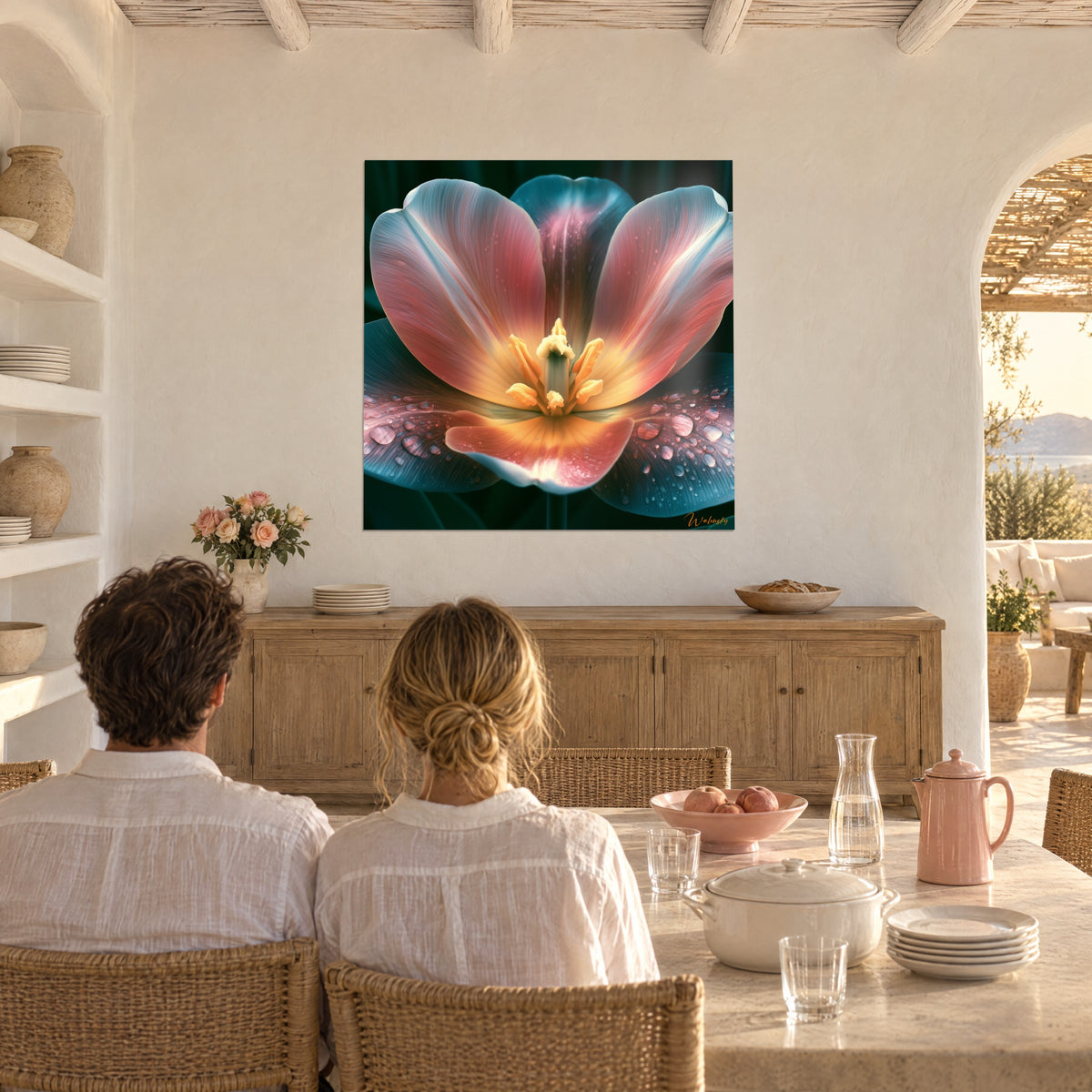 Wall art of a coral pink flower head on a deep green background, crystalline droplets, in a whitewashed dining room