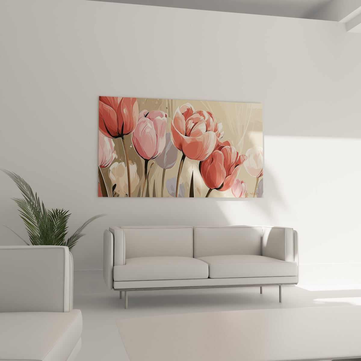 Tulipes roses et lilas aux tiges fines placées au-dessus d'un canapé dans un salon lumineux