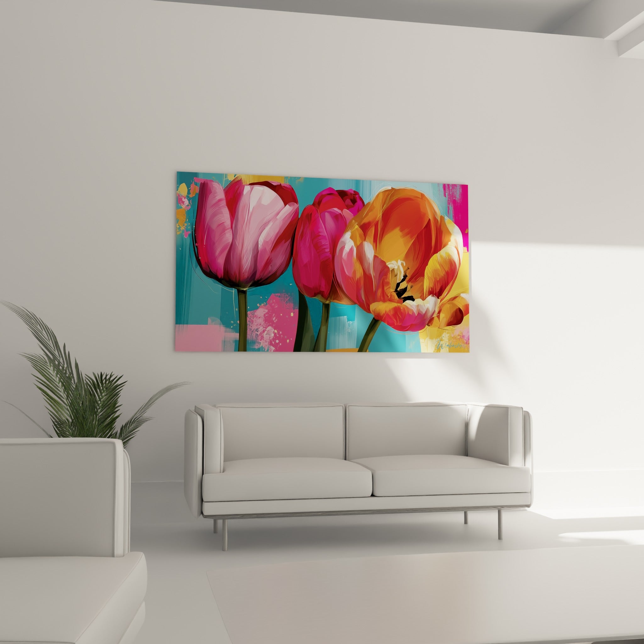 Fleurs de tulipe turquoise et corail aux tiges vertes, disposées au-dessus d'un canapé dans un salon lumineux