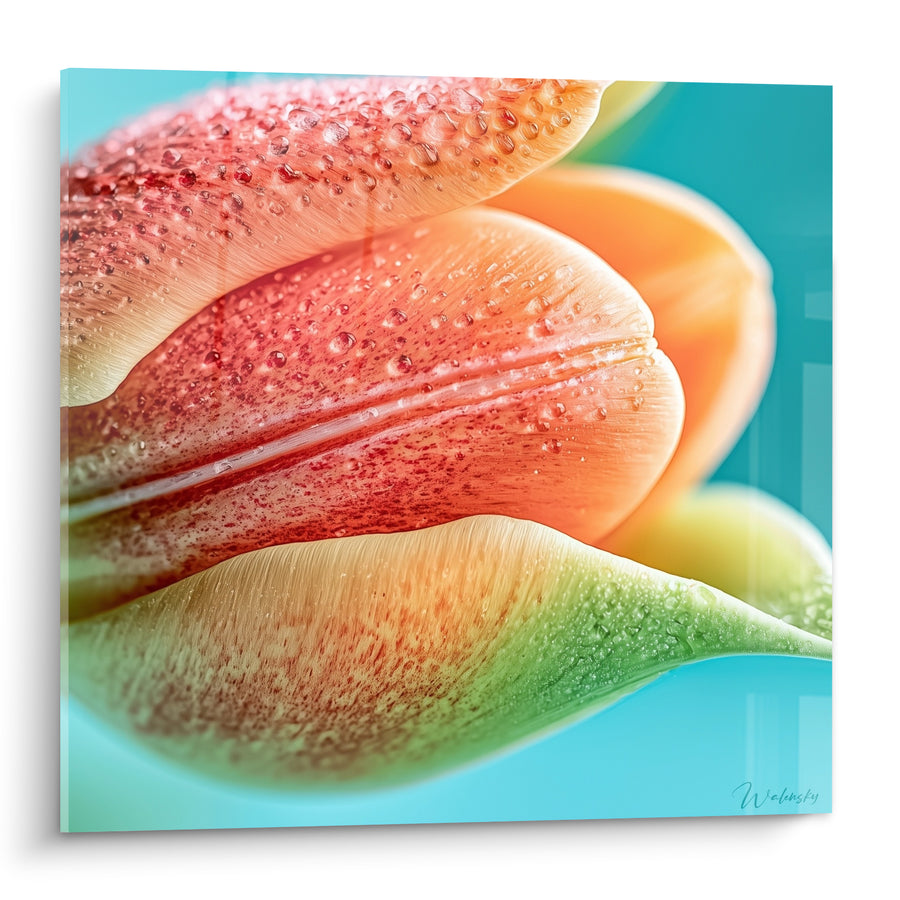 Tableau Tulipe corail et turquoise perlée de rosée - Rosée printanière - Edition Tulipe