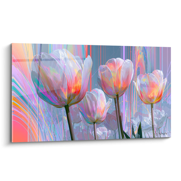 Tableau Tulipes blanches et corail aux rayures verticales - Effet numérique arc-en-ciel - Edition Tulipe