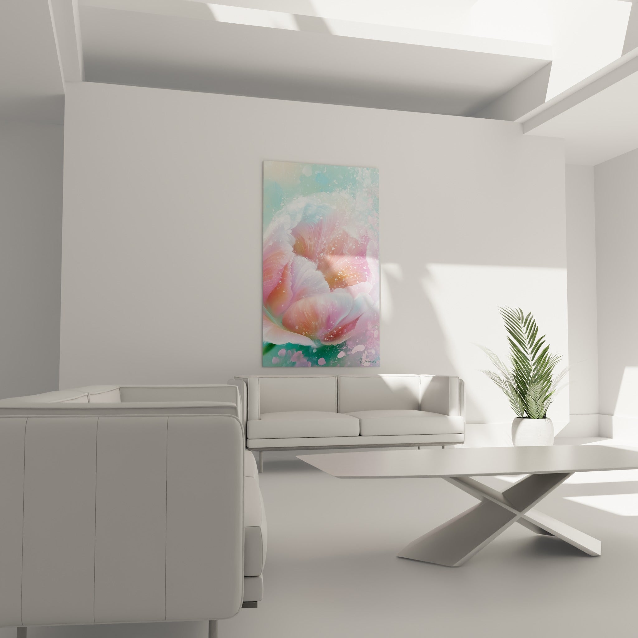 Tulipe corail et turquoise clair aux pétales ondulés accrochée au-dessus d'un canapé dans un salon lumineux