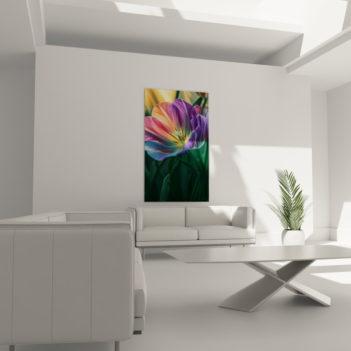 Fleur Tulipe rose corail et violette aux nervures lumineuses, disposée au-dessus d'un canapé dans un salon lumineux