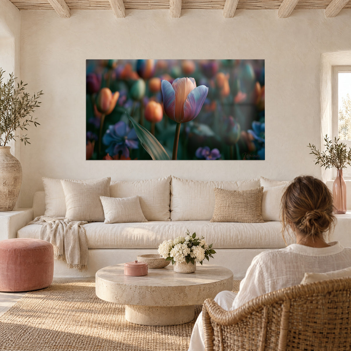 Cuadro tulipán en melocotón y azul con pétalos rayados, fondo verde desenfocado, colgado encima de un sofá en un salón luminoso