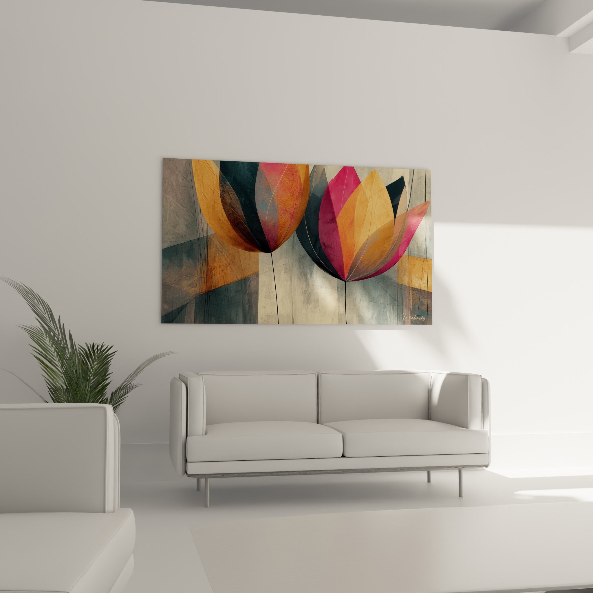 Corolles translucides orange et pourpre de la Tulipe, disposées au-dessus d'un canapé dans un salon lumineux