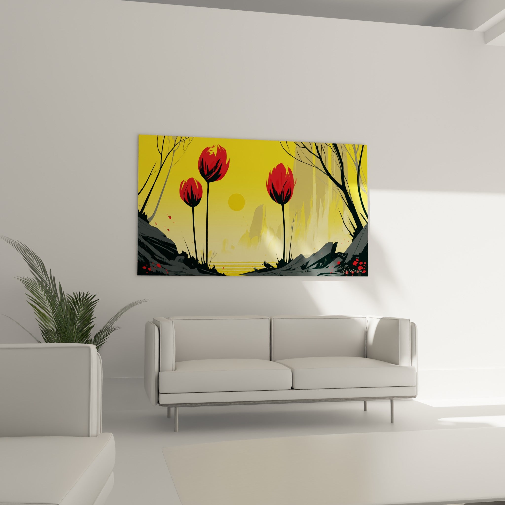 Fleurs de tulipe rouges sur ciel jaune illuminant le mur au-dessus d'un canapé dans un salon lumineux