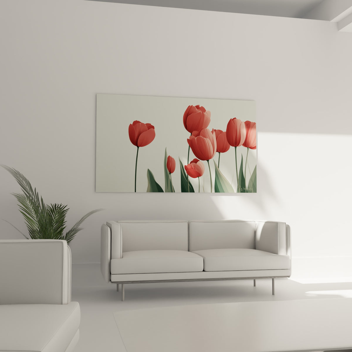 Corolles rouges et tiges vert sauge des tulipes disposées au-dessus d'un canapé dans un salon lumineux