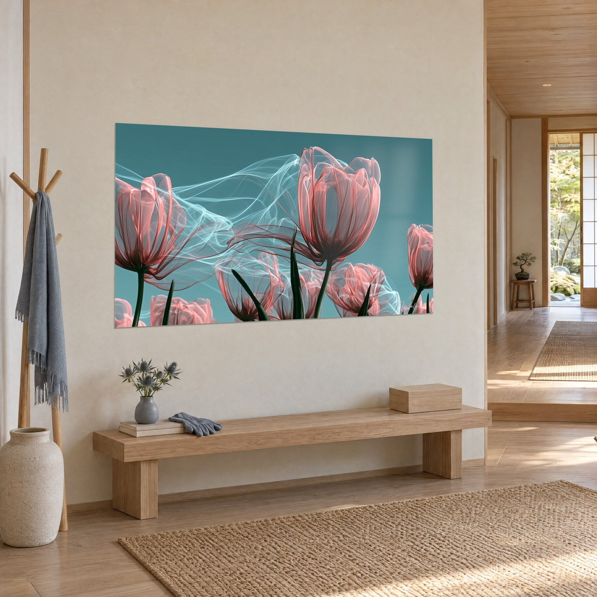 Wall art Translucent flowers with ribbed coral petals, icy blue veils on a teal background, above a Japandi wooden bench