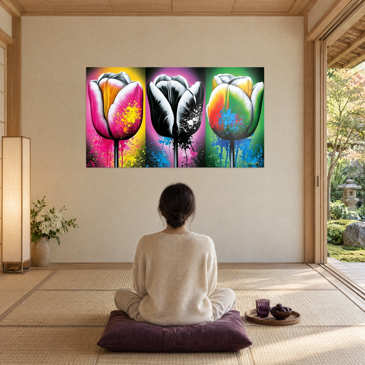 Tableau trio de bulbes en fleur aux coulures bleues, rose, noir et vert vifs, contemplé par une femme assise en tailleur de dos