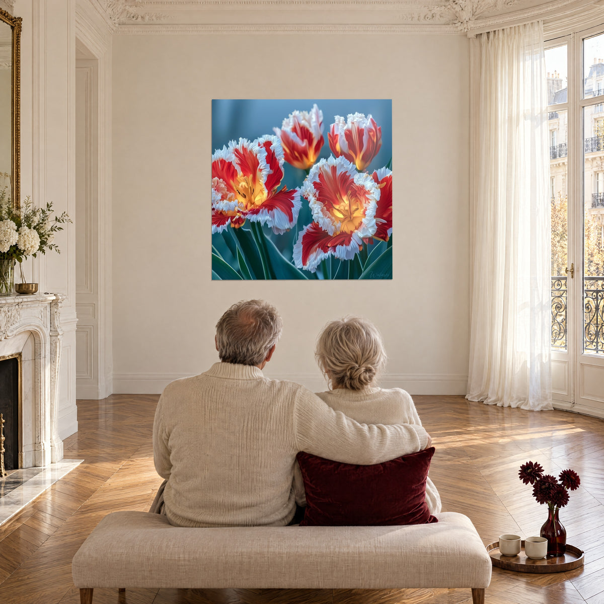 Wall art with white-fringed tulips and red flames with an orange heart, on the wall of a large parquet-floored Haussmann-style living room