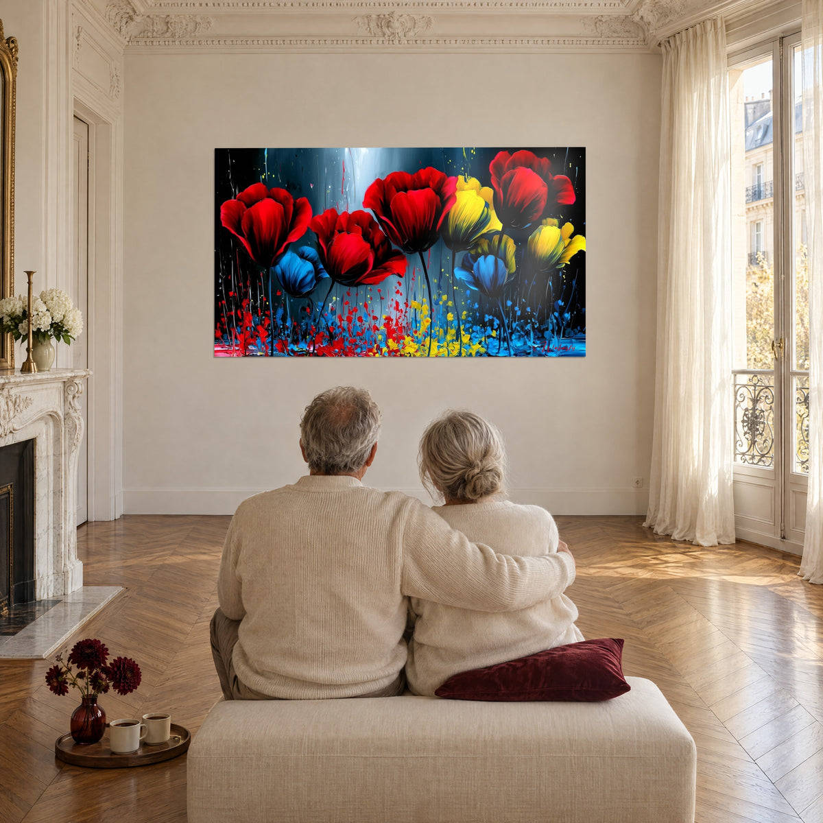 Tableau tulipes rouge sang, jaune soleil et bleu profond, pluie de peinture, salon haussmannien aux grandes fenêtres