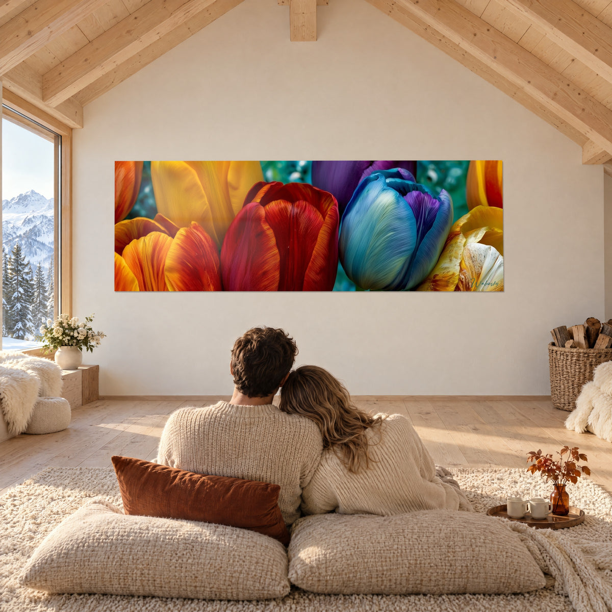 Tableau panorama de tulipes aux pétales satinés, violet et or, contemplé par un couple de dos sur des coussins de sol de chalet