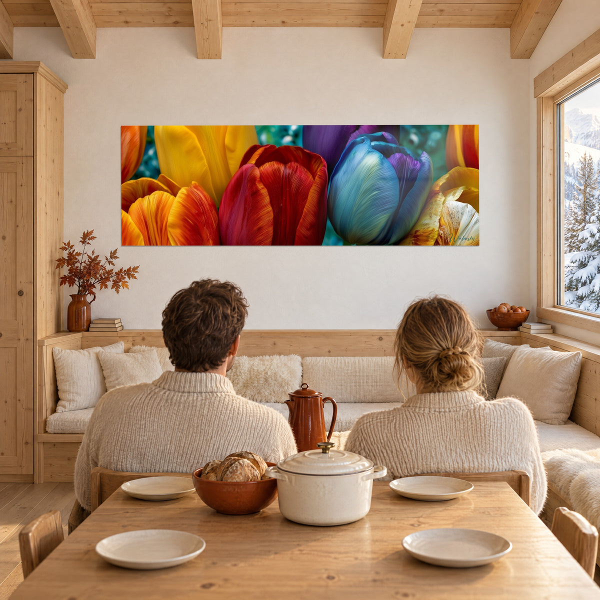 Tableau floraison de tulipes orange, jaune et rouge vif, face à deux personnes de dos attablées dans un chalet de montagne