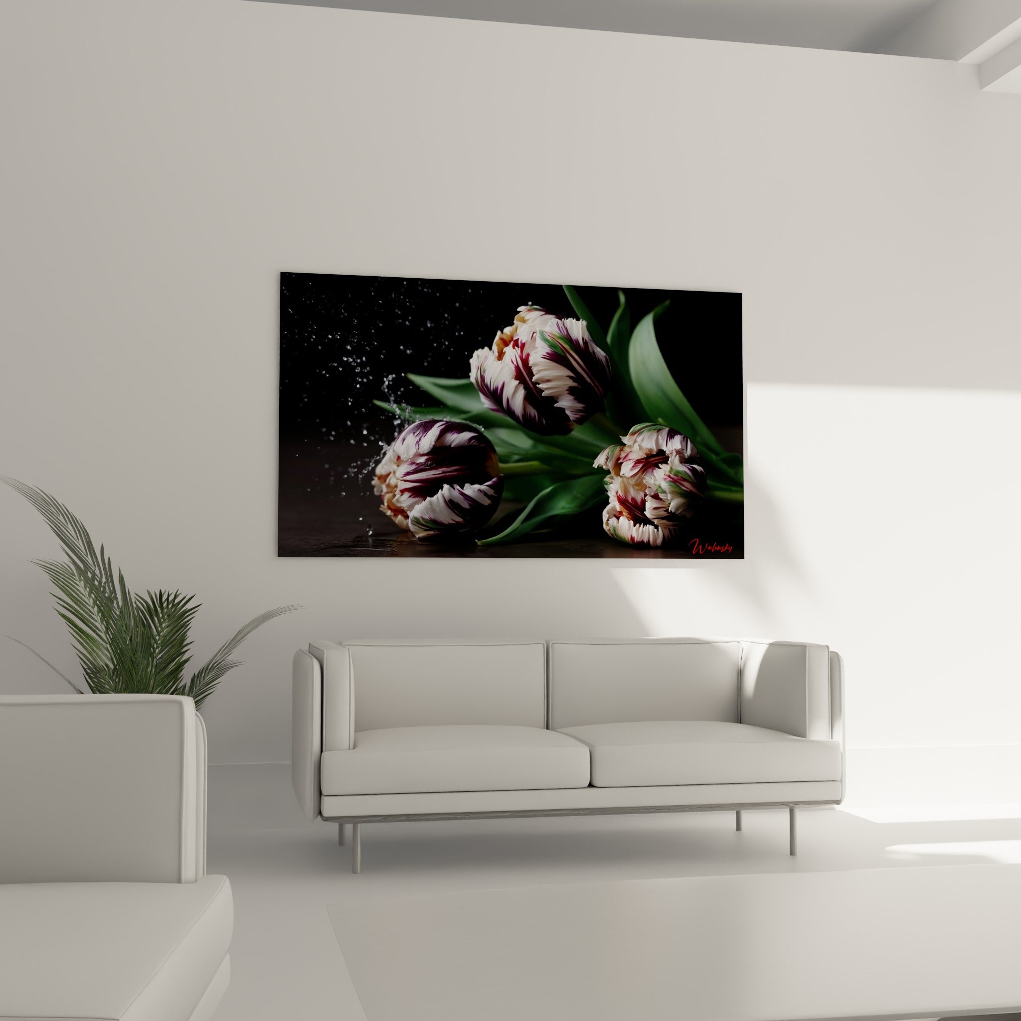 Pétales striés blanc et pourpre avec éclaboussure d'eau figée, au-dessus d'un canapé dans un salon lumineux