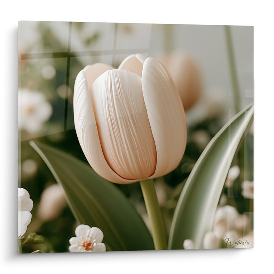 Tulipe crème et rosée aux pétales veinés, isolée sur fond de jardin flou vert sauge