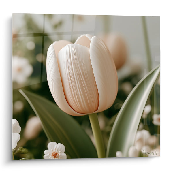Tableau Tulipe crème et verte parmi fleurs blanches - Prairie fleurie en arrière-plan - Edition Tulipe